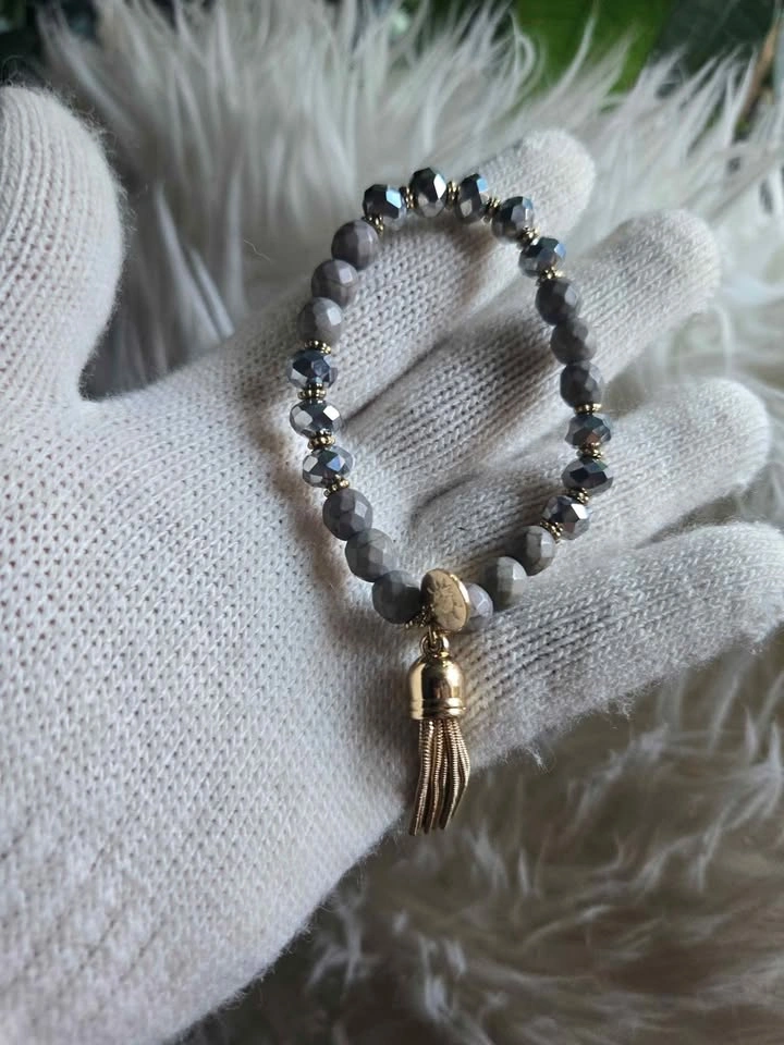 Handmade Gray Beaded Bracelet with Gold Tassel Charm - photo 2