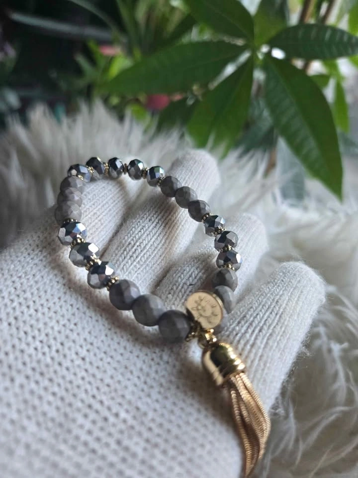 Handmade Gray Beaded Bracelet with Gold Tassel Charm - photo 3