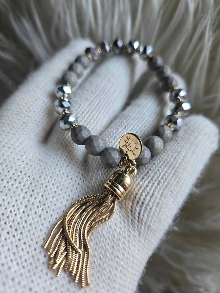 Handmade Gray Beaded Bracelet with Gold Tassel Charm - photo 4