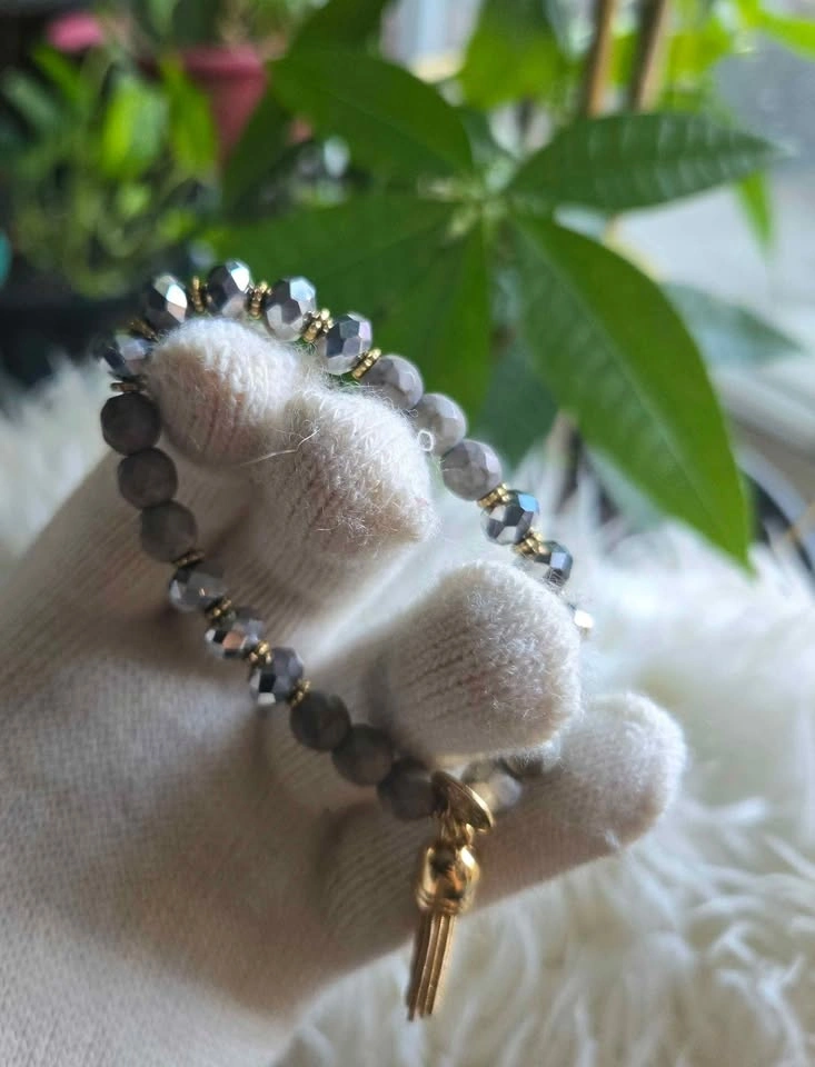 Handmade Gray Beaded Bracelet with Gold Tassel Charm - photo 5