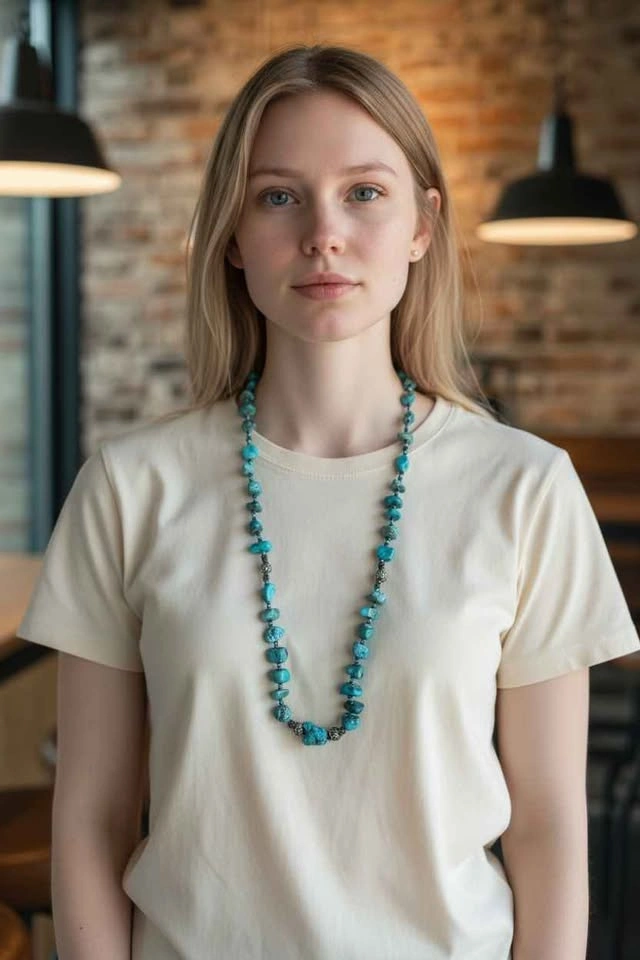 Natural Blue Turquoise Necklace – No Pendant – Simple Beaded Des - photo 5