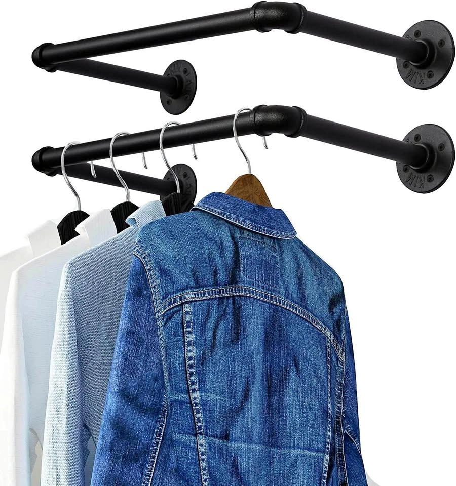 Industrial Wall-Mounted Pipe Clothing Racks - Set of 2