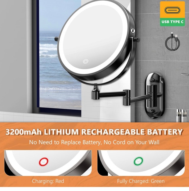 Rechargeable LED Wall Mounted Mirror with 1X/10X Magnification