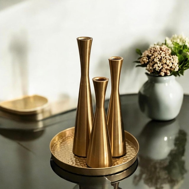 Modern Gold Cone Candlestick Holders Set – 3 Pieces – Brand New