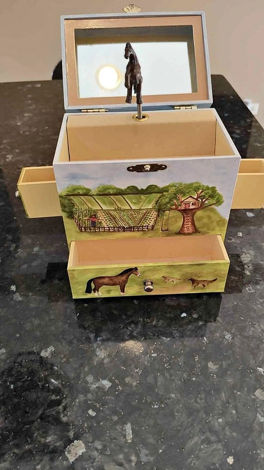 Wooden Music Box with Farm Scene