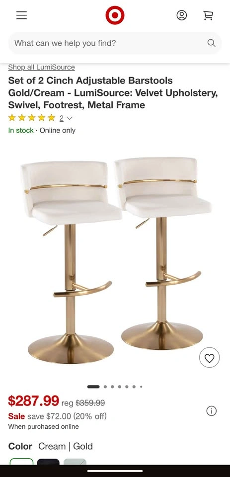 Set of 2 LumiSource Velvet Adjustable Barstools – Cream & Gold - photo 4