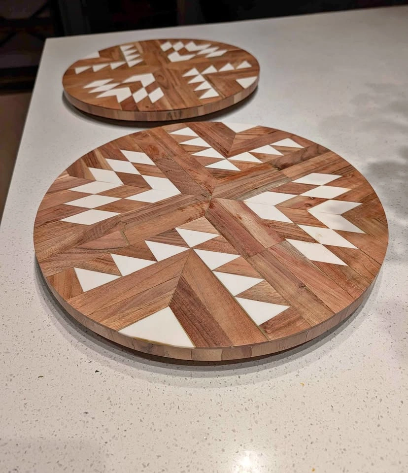 2 Geometric Wood & White Inlay Lazy Susans