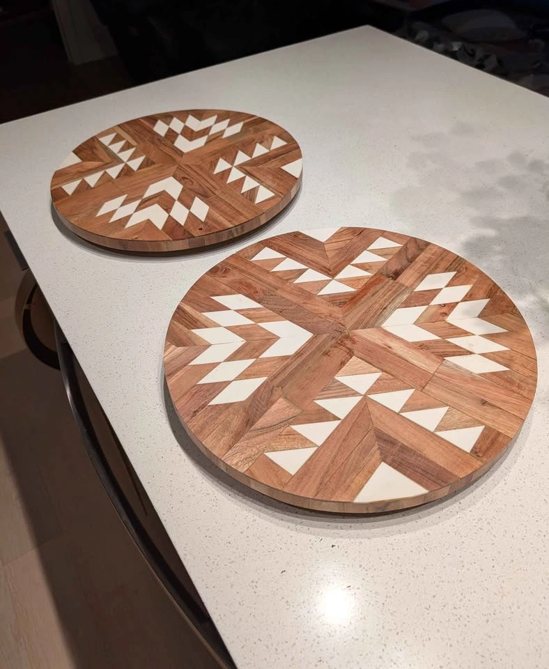 2 Geometric Wood & White Inlay Lazy Susans - photo 2