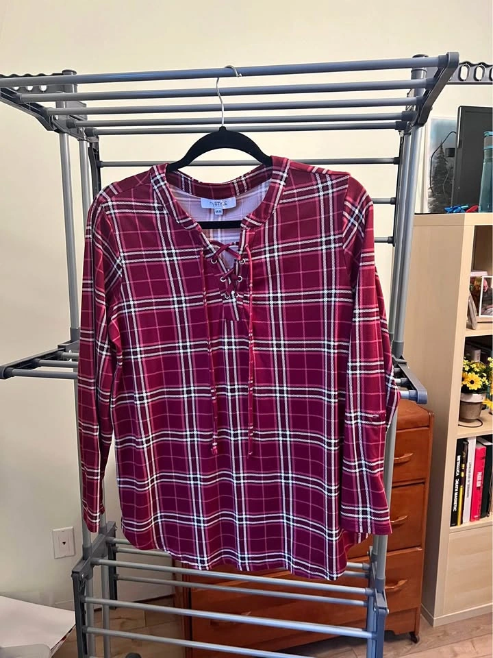 Women’s Plaid Lace-Up Blouse - Size M