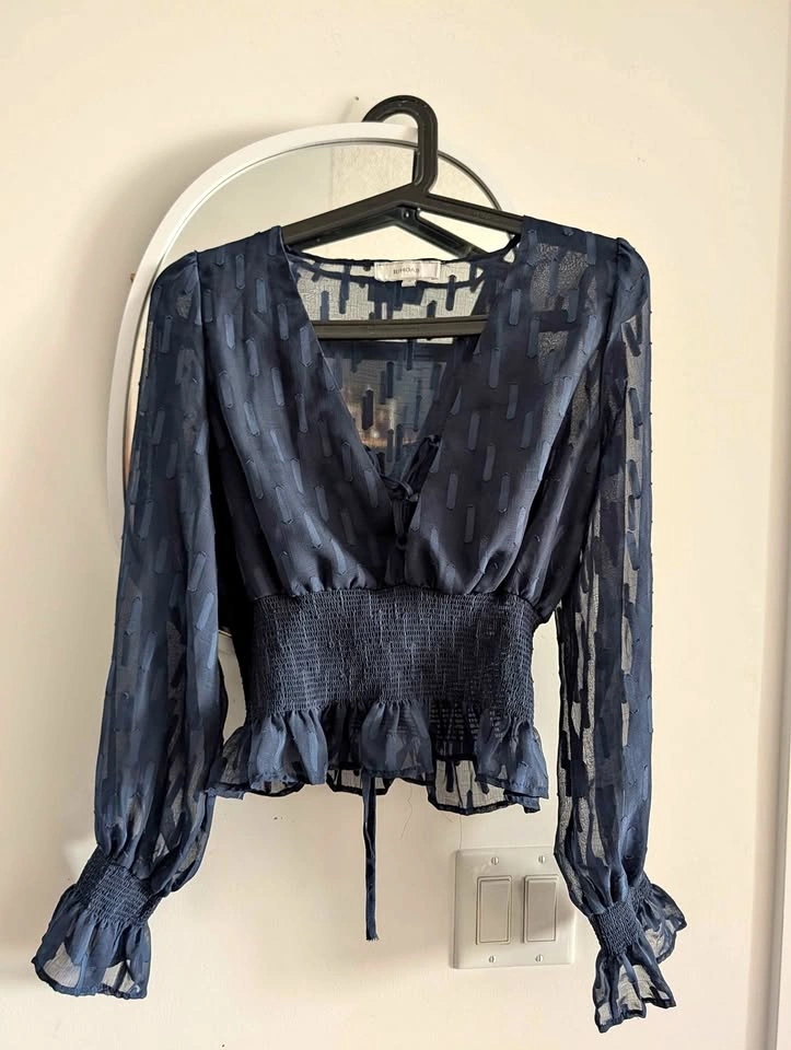 Navy long sleeve sheer top