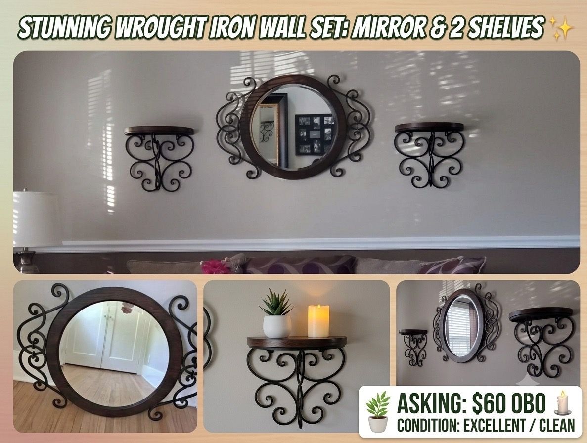 3-Piece Wrought Iron & Wood Wall Decor Set (Mirror + Shelves)