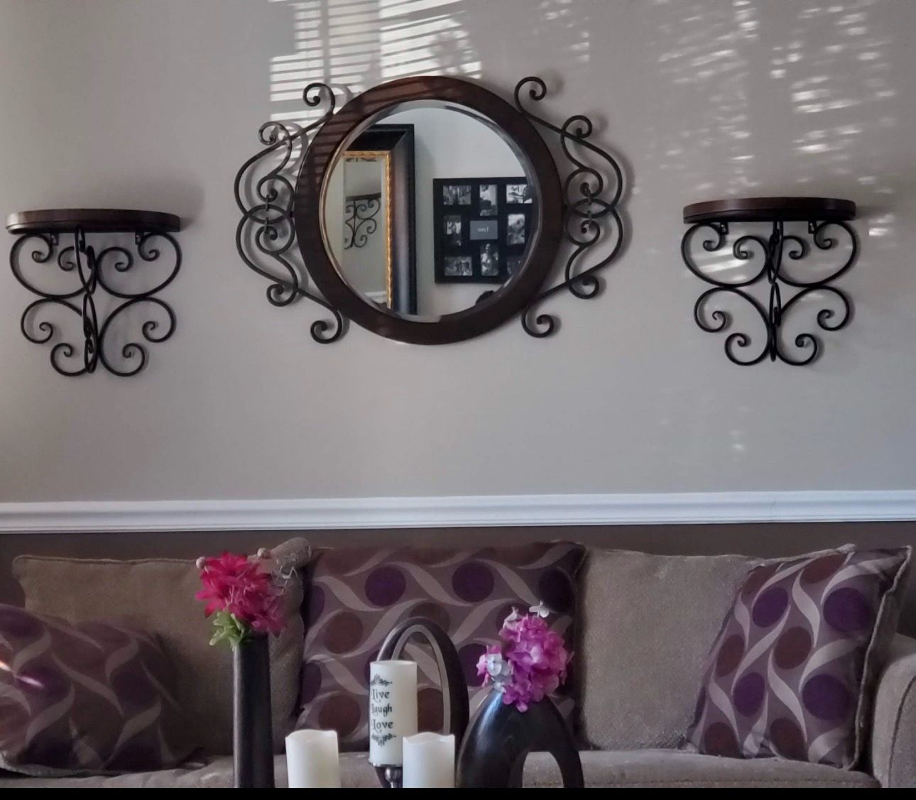 3-Piece Wrought Iron & Wood Wall Decor Set (Mirror + Shelves) - photo 2