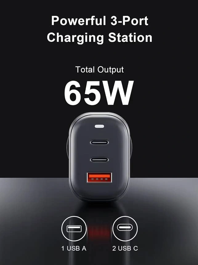 65W 3-Port USB-C GaN Fast Wall Charger - photo 3