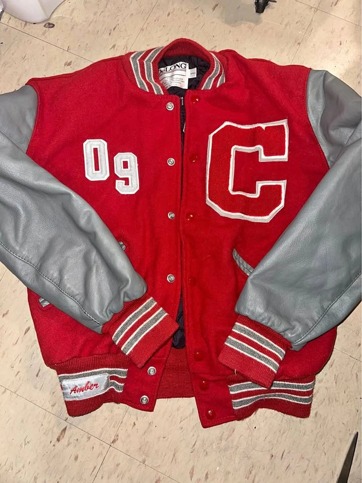 Men’s Red Varsity Letterman Jacket with Genuine Leather Sleeves