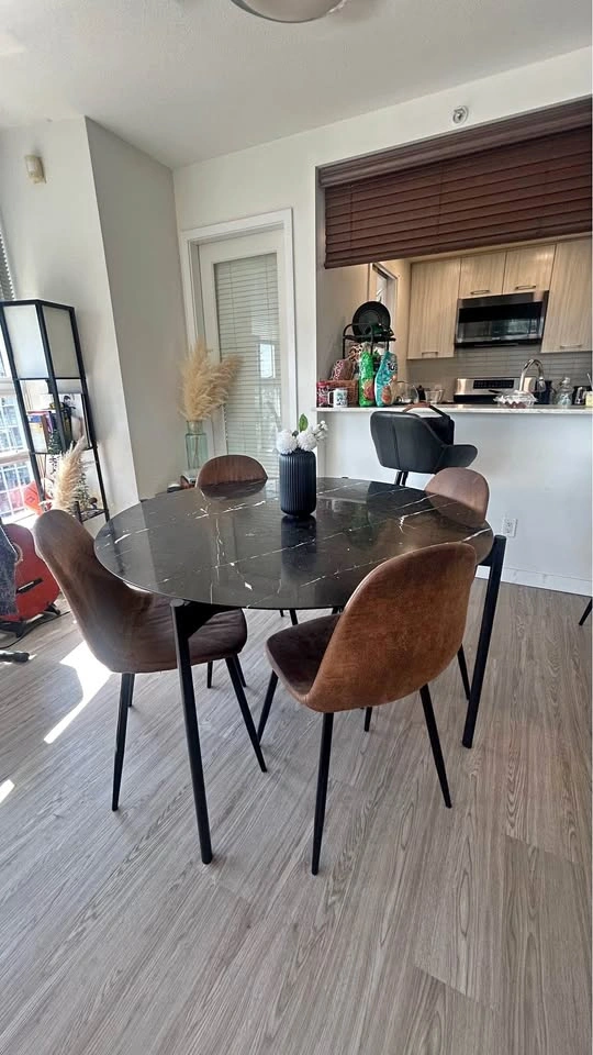 Black Marble-style Dining Table Set + Side Table