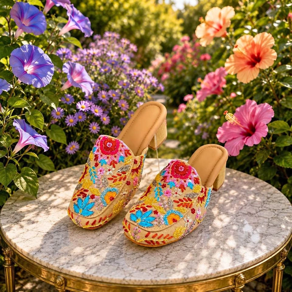 Embroidered Floral Mule Heels