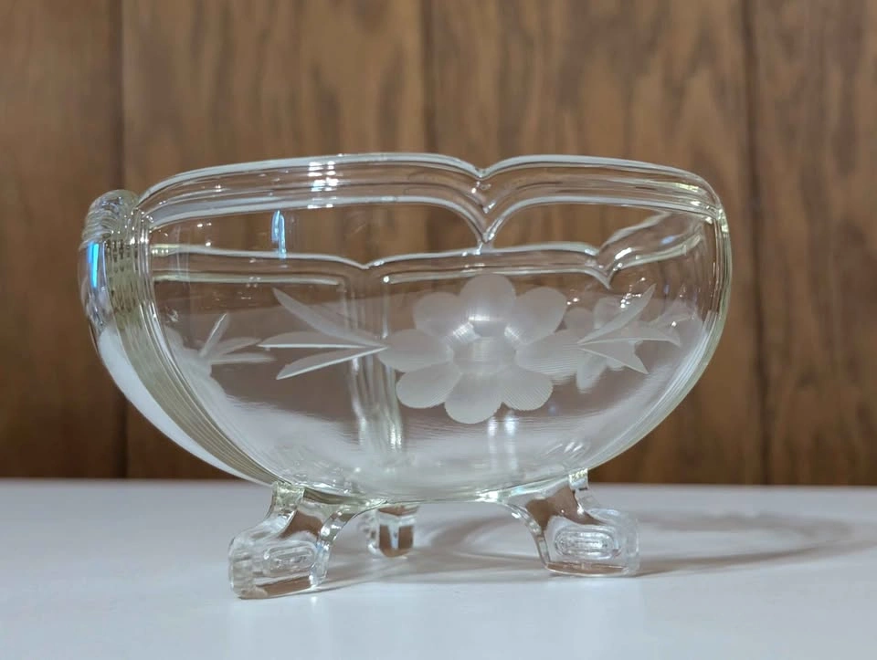 Vintage Etched Glass 3-Footed Bowl - photo 3