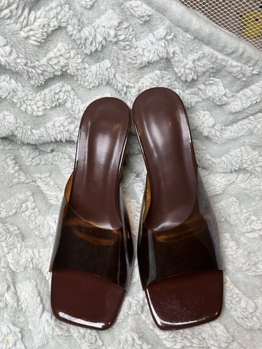 Brown Clear Accents Block Heel Slip On Square Toe Mule