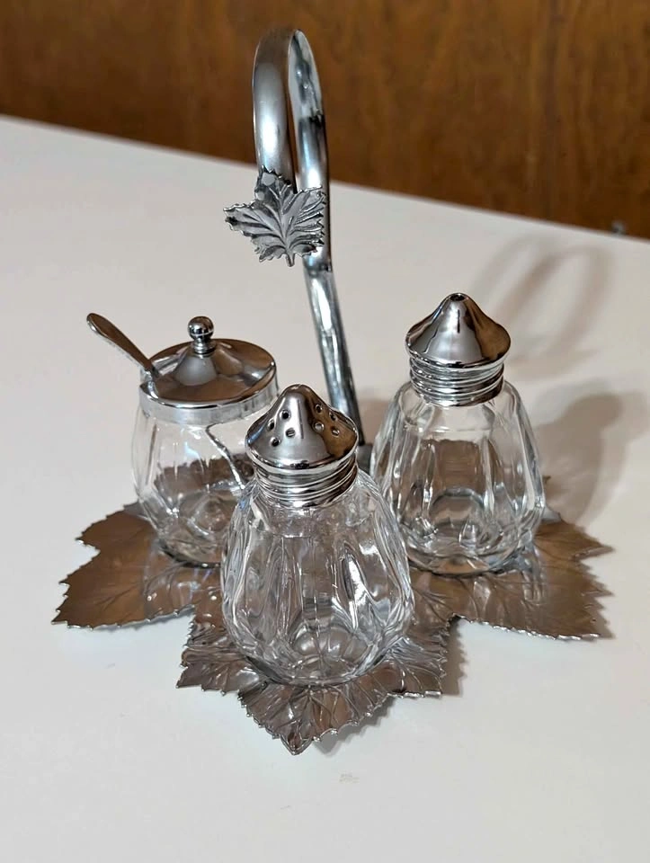 Vintage Silver Tone Leaf Condiment Set