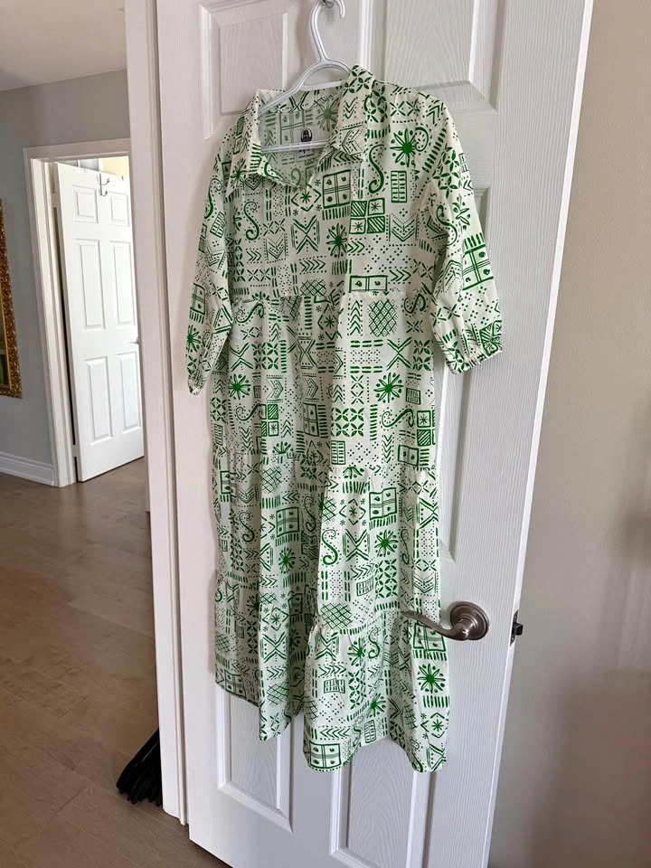 White Green Patterned Midi Dress
