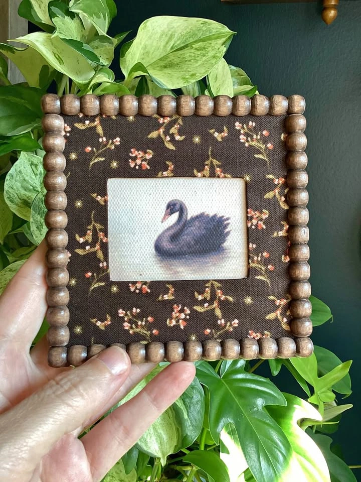 Black Swan in Handmade Wood Bobbin Frame Mini Art