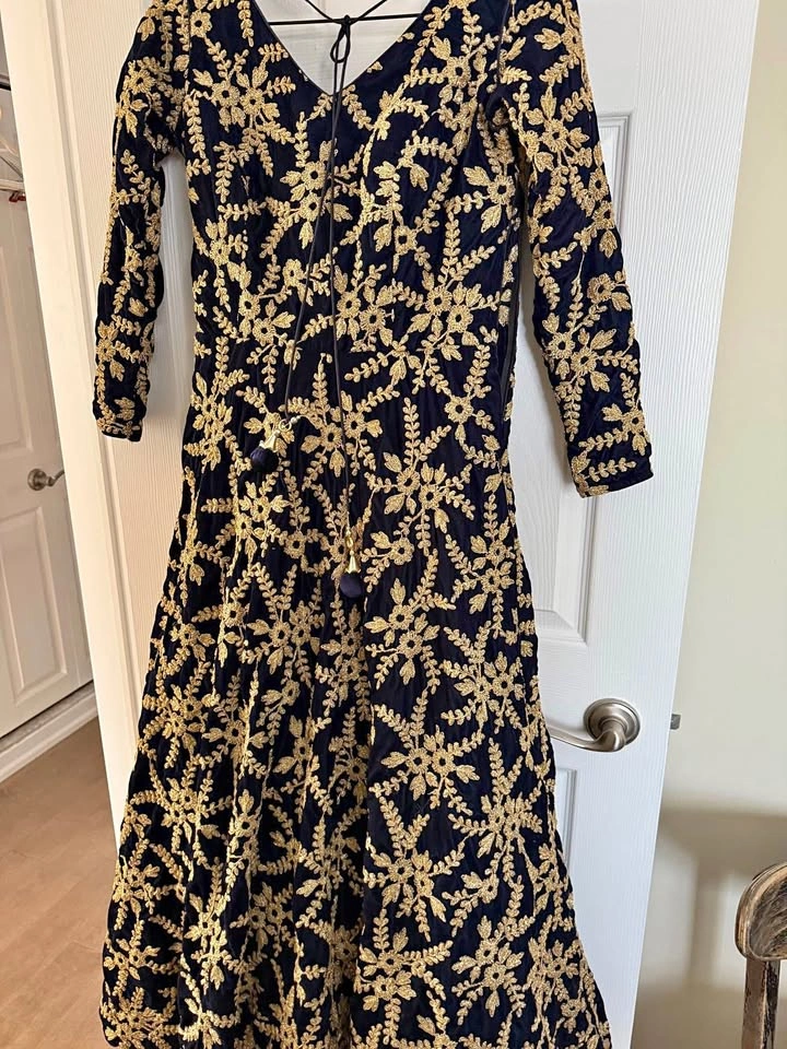 Navy Blue Velvet Gold Embroidered Dress