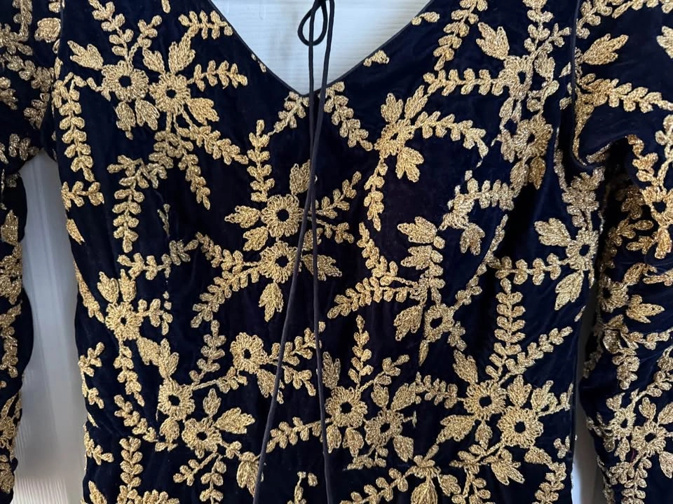 Navy Blue Velvet Gold Embroidered Dress - photo 4