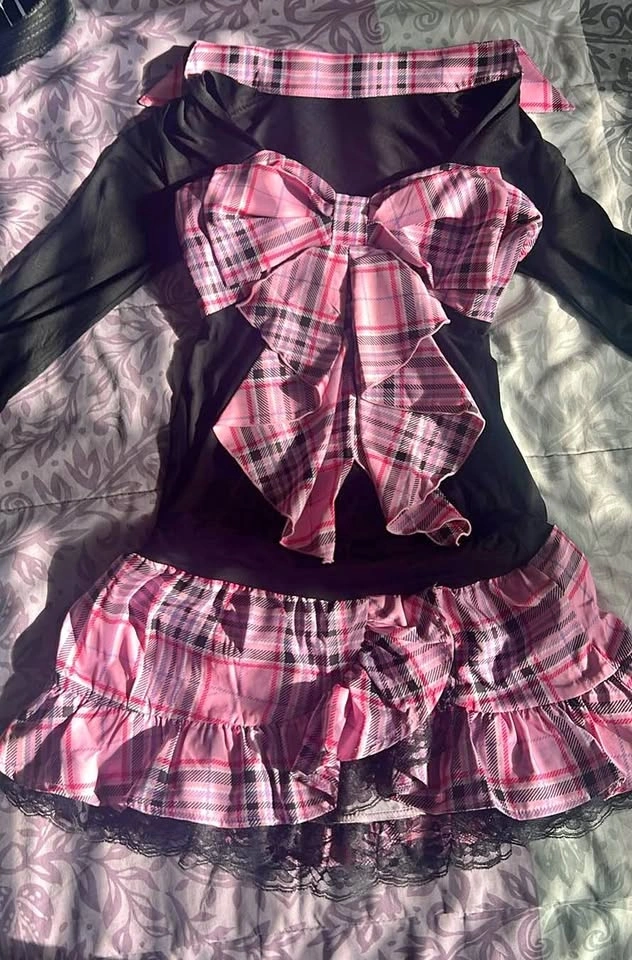 Mars Rare Pink Plaid Bow Set - Hime Style Gal Subculture