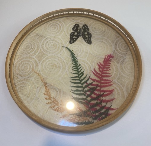 Vintage MCM Bamboo Butterfly Fern Round Serving Tray Wall Decor