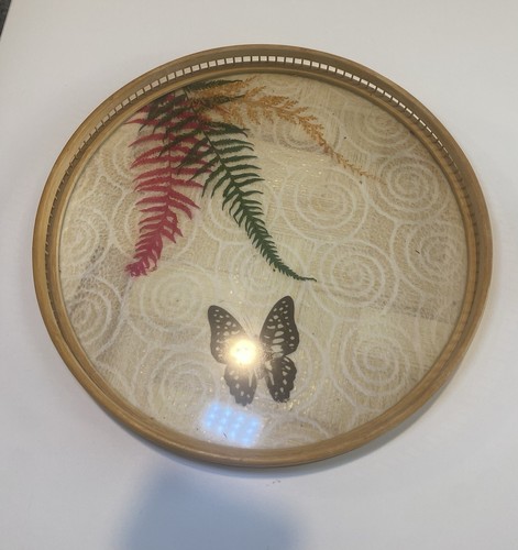 Vintage MCM Bamboo Butterfly Fern Round Serving Tray Wall Decor - photo 2