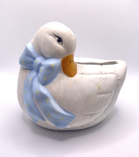 Vintage Ceramic Duck Piggy Bank Blue Polka Dot Bow Coin Bank