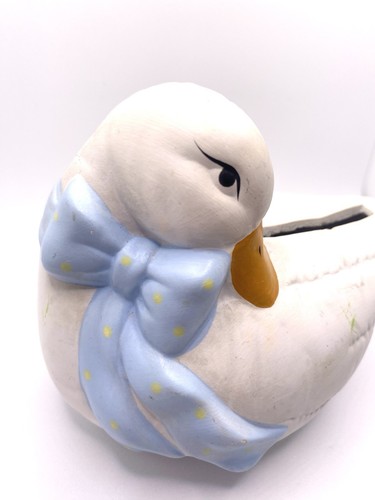 Vintage Ceramic Duck Piggy Bank Blue Polka Dot Bow Coin Bank - photo 2