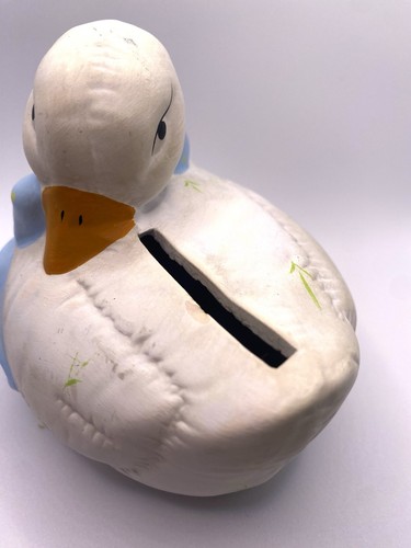 Vintage Ceramic Duck Piggy Bank Blue Polka Dot Bow Coin Bank - photo 3
