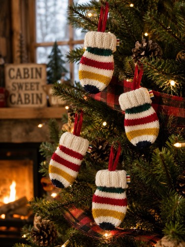 HBC Stripes Knit Mitten Christmas Ornaments Set of 4 NWT