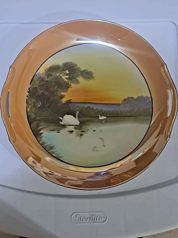 Vintage Noritake Hand Painted Swan Scene Plate with Handles