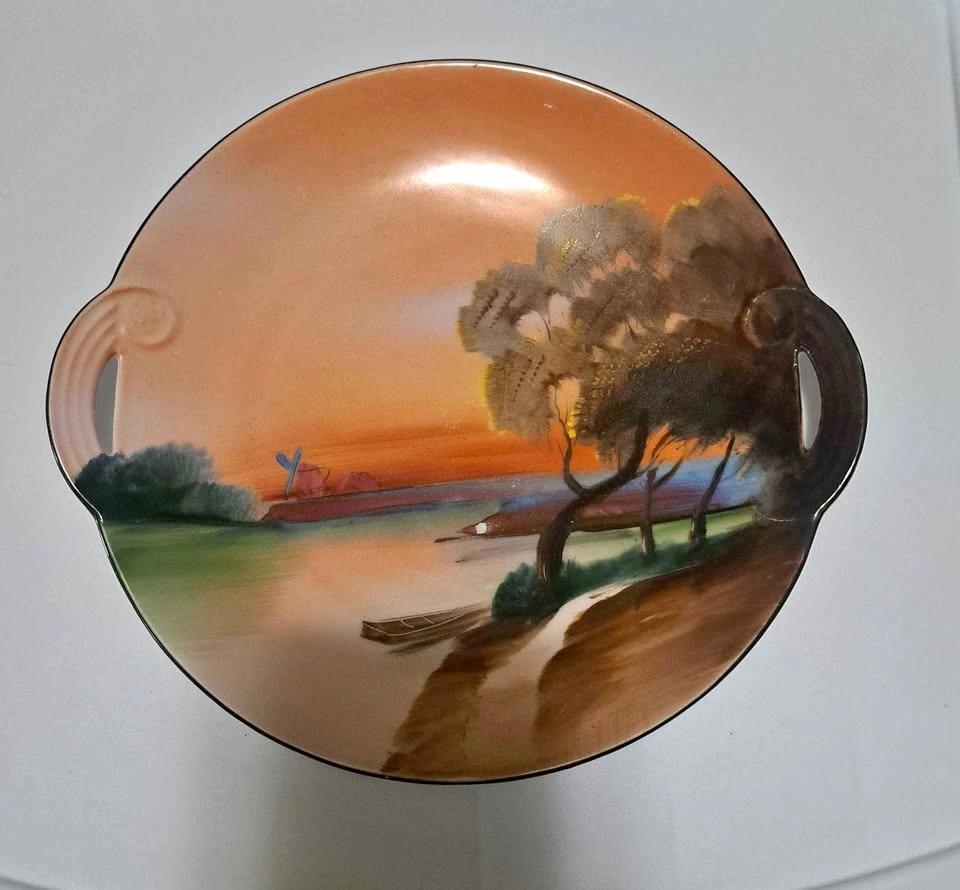 Vintage Noritake Hand Painted Sunset Landscape Handled Plate