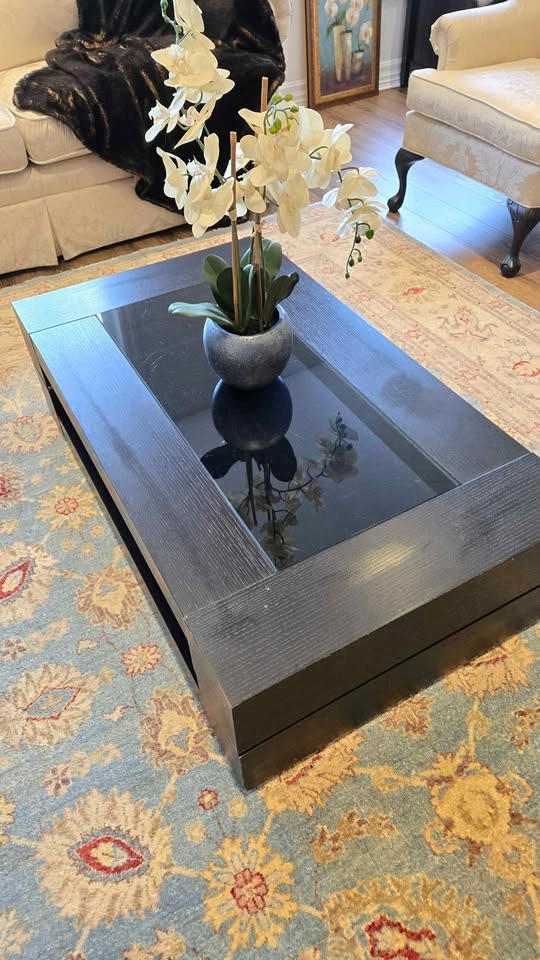 Modern Dark Wood Coffee Table with Glass Top