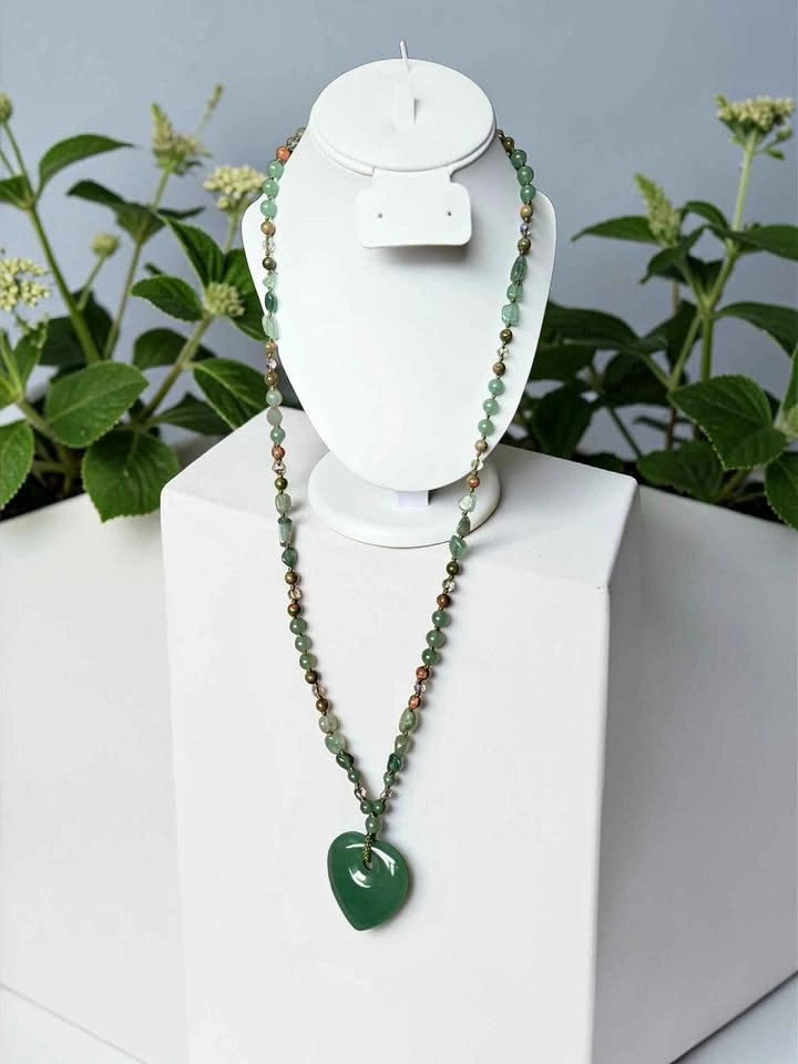 Natural Aventurine Heart Pendant Necklace • Green Crystal Beaded - photo 2