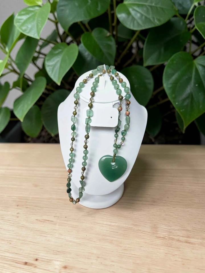 Natural Aventurine Heart Pendant Necklace • Green Crystal Beaded - photo 3