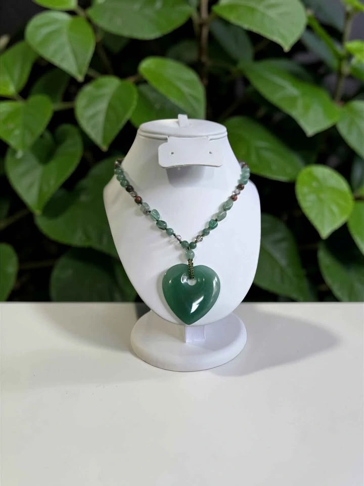 Natural Aventurine Heart Pendant Necklace • Green Crystal Beaded - photo 5