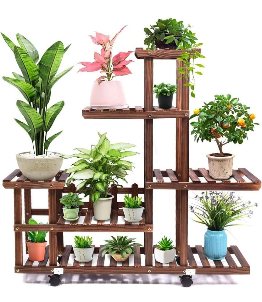 Wooden Plant Stand - Moveable with Wheels - Flower Rack - photo 2
