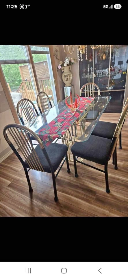 Vintage Postmodern Brass & Glass Dining Set – 6 Chairs