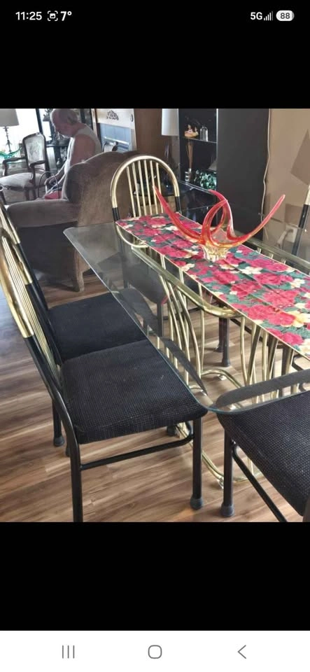 Vintage Postmodern Brass & Glass Dining Set – 6 Chairs - photo 2