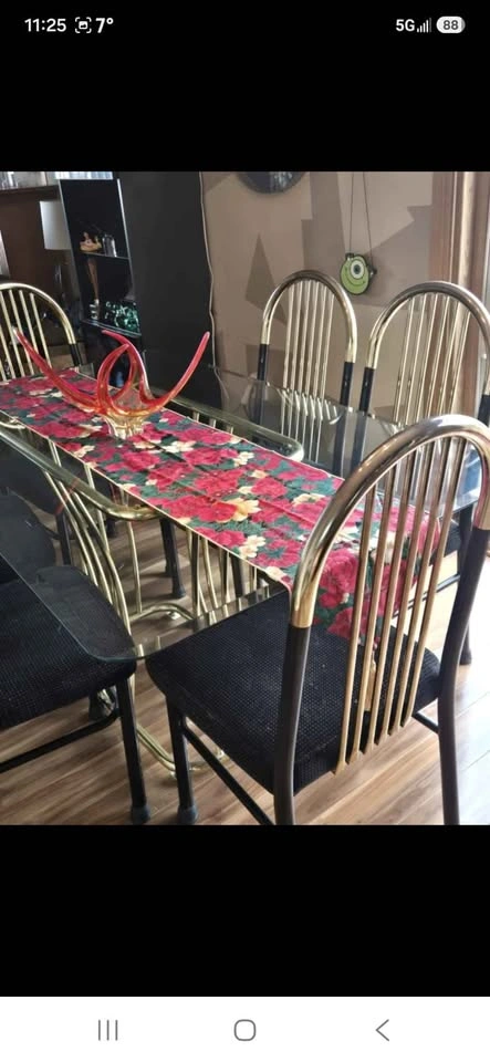Vintage Postmodern Brass & Glass Dining Set – 6 Chairs - photo 4