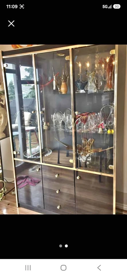 Vintage Postmodern Brass & Glass China Cabinet