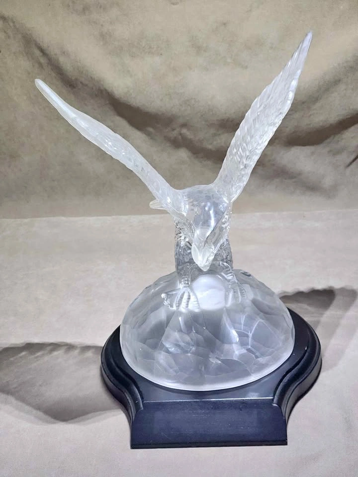 Large 8" Frosted Glass Eagle on Solid Wood Base