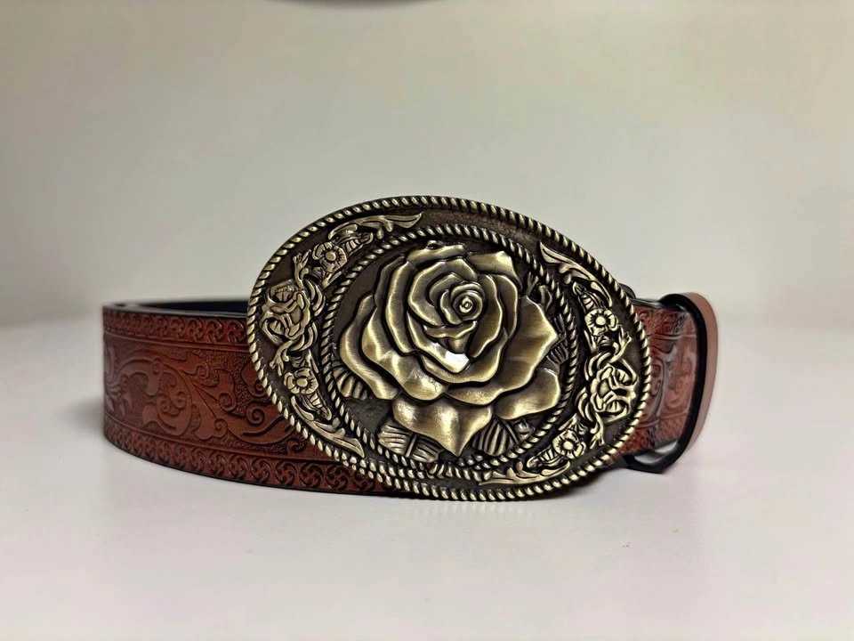 Western Rose Buckle Embossed Belt