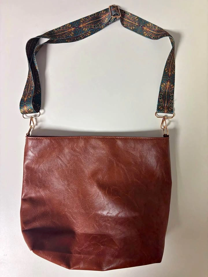 Brown Faux Leather Crossbody Bag w/ Patterned Strap