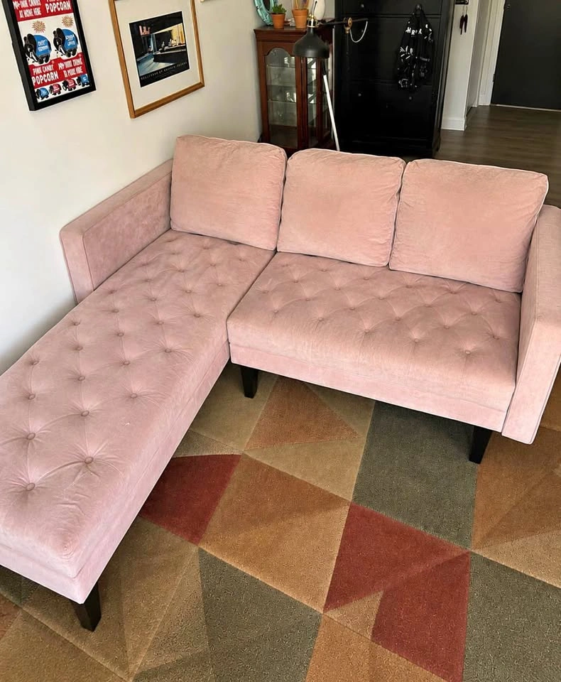 Blush Pink Microfibre Tufted Sectional Sofa with Chaise