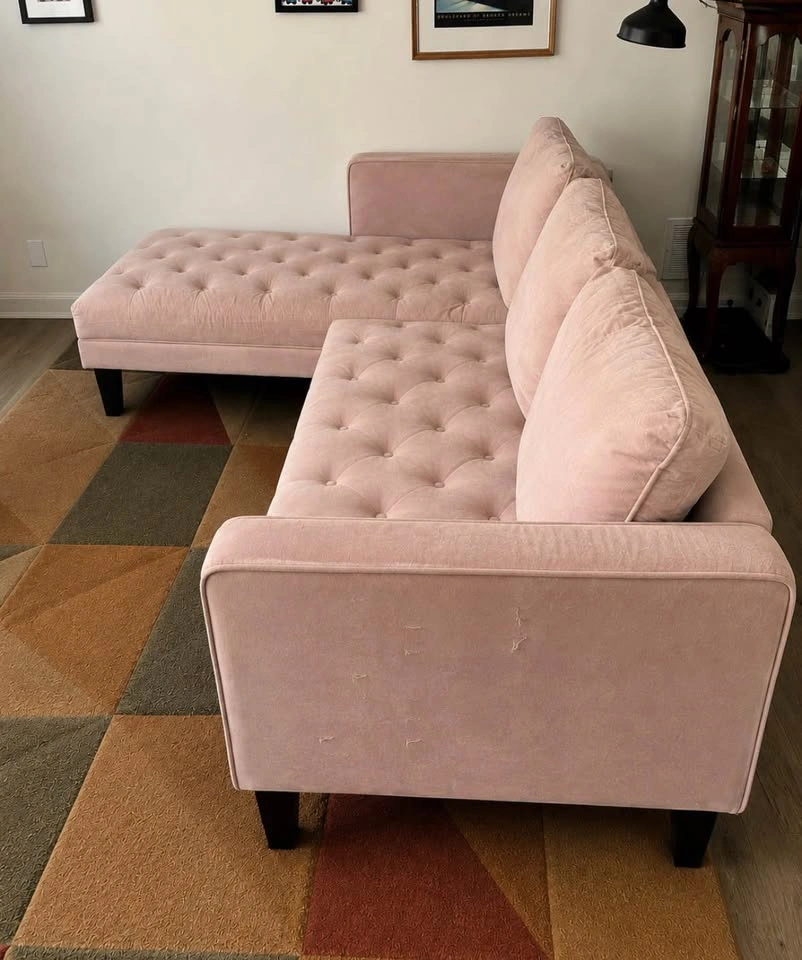 Blush Pink Microfibre Tufted Sectional Sofa with Chaise - photo 2